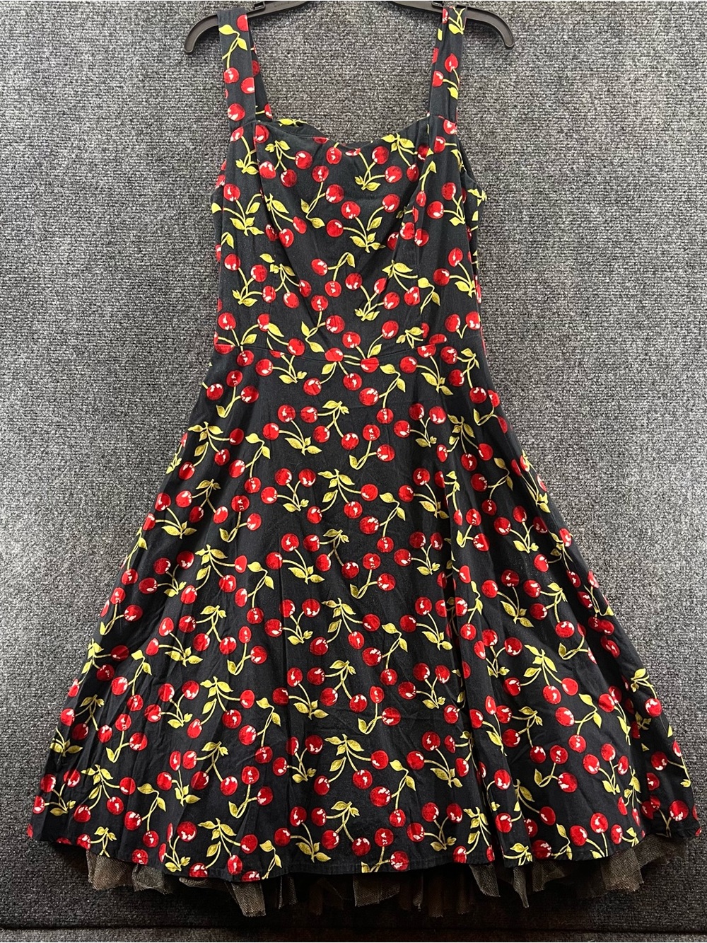 Vintage 90s Up Front Rockabilly Cherry Pinup Fit Flare Dress Sz 5 Retro Glam